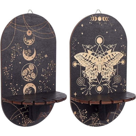 2 Sets Small Moth Moon Display Shelf Wooden Boho Flowers Butterfly Wall Mounted Stuff Hanging Rustic Black Dowsing Pendulum Holder Storage Stand for Essential Oil Decor