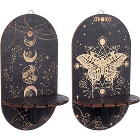 2 Sets Small Moth Moon Display Shelf Wooden Boho Flowers Butterfly Wall Mounted Stuff Hanging Rustic Black Dowsing Pendulum Holder Storage Stand for Essential Oil Decor