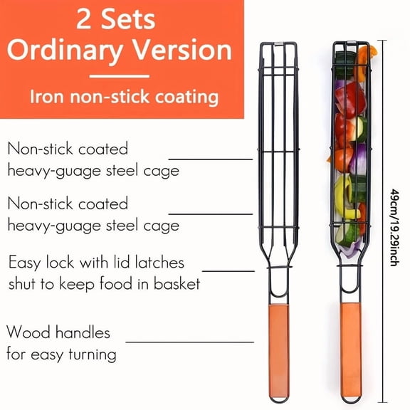 2 Sets Stainless Steel BBQ Grill Baskets - Removable Wooden Handles & Rolling Grilling Net, Ideal for Vegetables/Shrimp/Meats, Perfect Outdoor Camping Cooking Accessories & Gift for Men/Dad/Husband