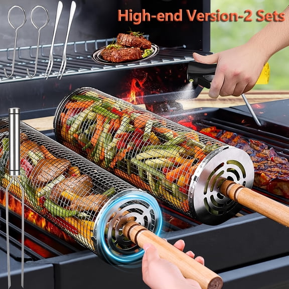 2 Sets Stainless Steel BBQ Grill Baskets with Wooden Handles - Men's Grilling Gift