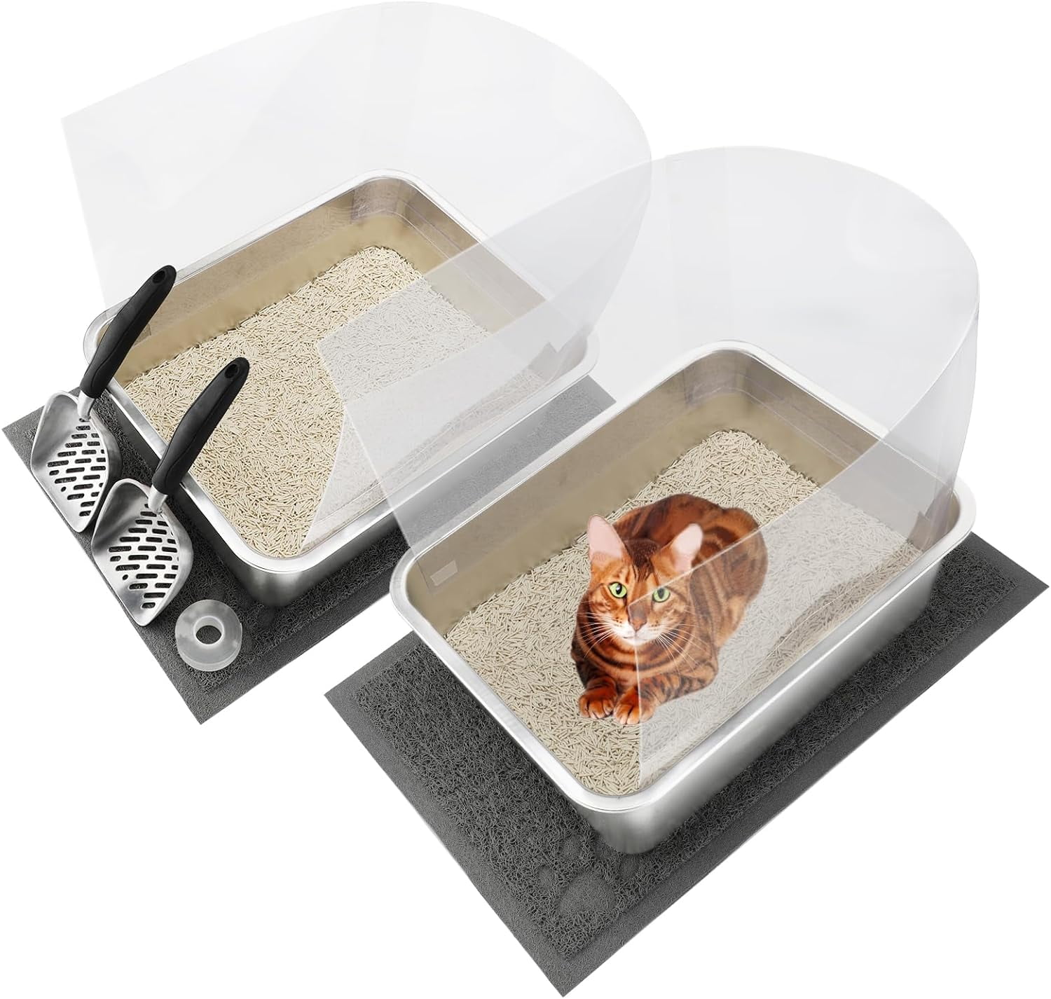 2 Sets Stainless Steel Cat Litter Box with High Sides, Durable Metal