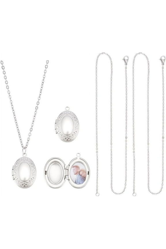 2 Sets Stainless Steel Locket Pendants Photo Frame Charms Oval Locket Necklace Picture Locket Charm Photo Memory Necklace Chain Amulet Memory Pendant Necklace