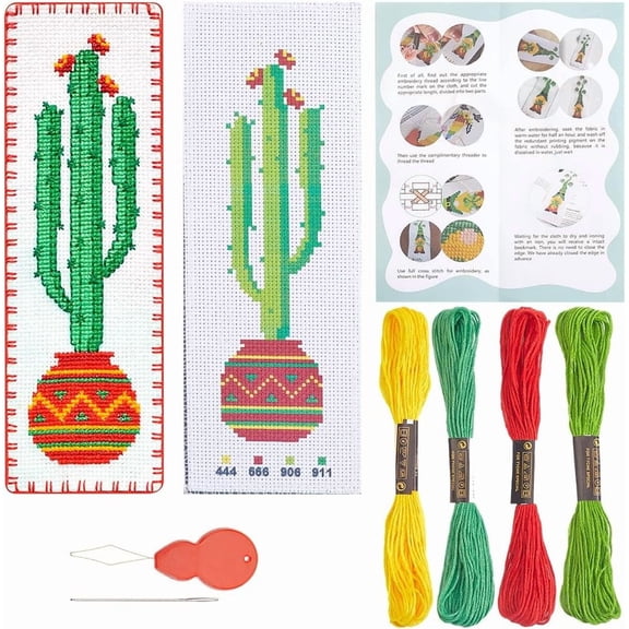 2 Sets Stitch Bookmark Kits Book Mark Making Kits Cactus Plant DIY Stamped Embroidery Bookmarks with Instruction Crossstitch Projects for Beginners Starters Adults Book Lovers Gift diy