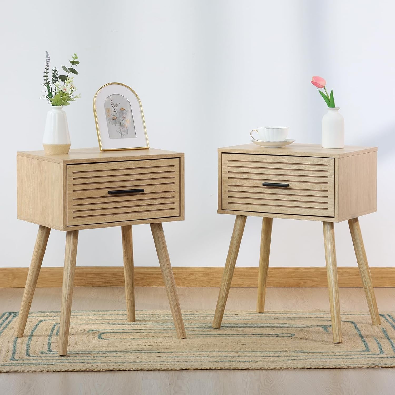 2 Sets Striped Grooved Nightstand with Solid Wood Storage Drawer ...