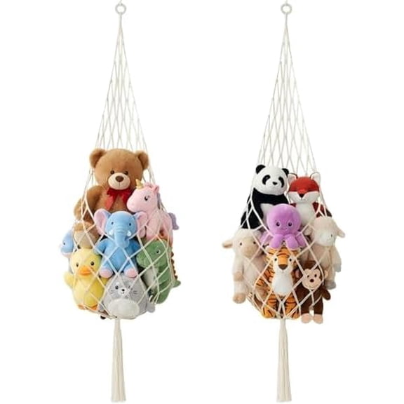 2 Sets Stuffed Animal Storage Organizers Stuffed Animal Hammock Corner Ceiling Hanging Net Macrame Display Holder Wall Mounted for Bedroom(Cream)