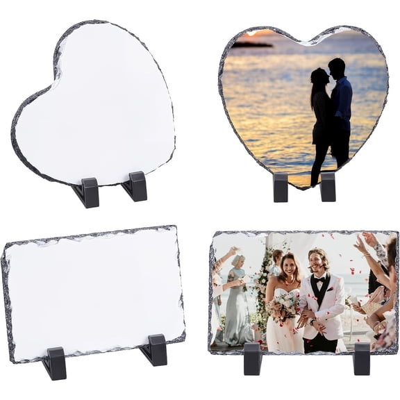 2 Sets Sublimation Blank Natural Slate Rock Stone Plate with Plastic Racks Photo Frame for Heat Press Machine Heart Rectangle Black for DIY craft