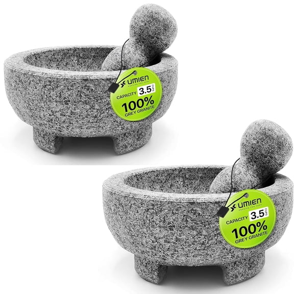 2 Sets Visualz™ Granite Mortar and Pestle Set - 100% Granite - 3.5-Cups - 8-Inch – Avocado Tool Included – Natural Stone Molcajete for Spices, Pestos, & Guacamole (Grey) - Stone Grinder - Guacamole