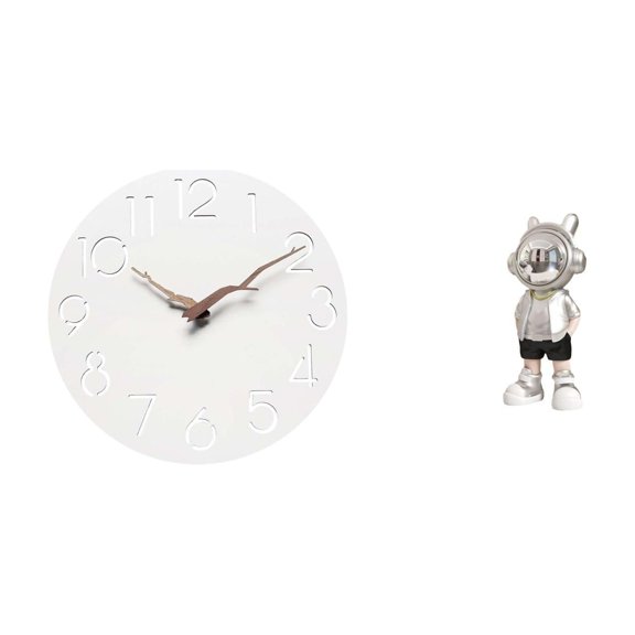 2 Sets Wall Clock Desktop Figurine Astronaut Statue Resin Quiet Movement for Bedroom Study Office