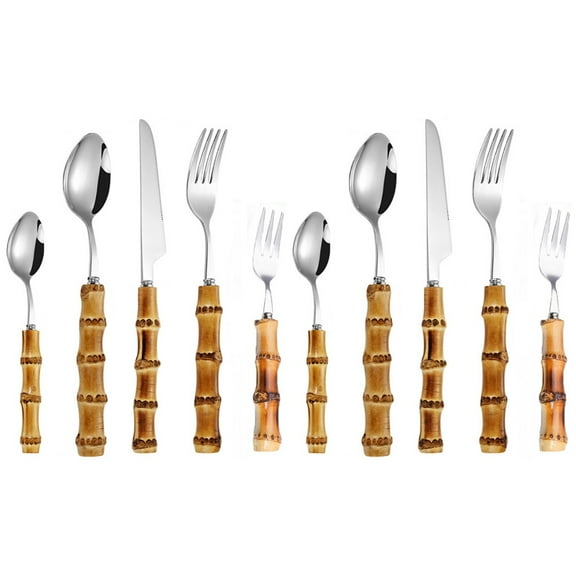 2 Sets Western Dinnerware Flatware Stainless Steel Bamboo Handle Cutlery for Restaurant