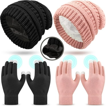 2 Sets Winter Hat and Gloves for Women, Satin Lined Hats for Women Touchscreen Gloves Slouchy Knit Beanies Set