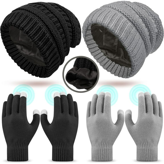 2 Sets Winter Hat and Gloves for Women, Satin Lined Hats for Women Touchscreen Gloves Slouchy Knit Beanies Set