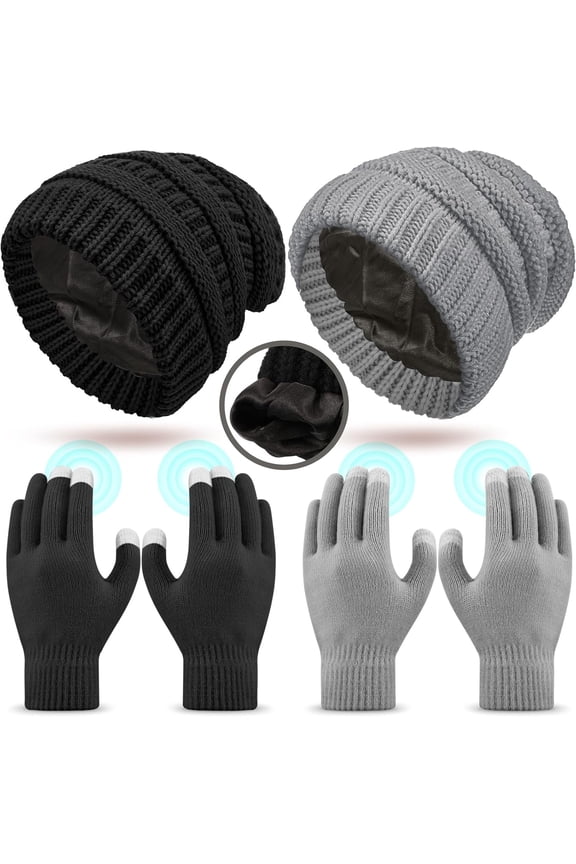 2 Sets Winter Hat and Gloves for Women, Satin Lined Hats for Women Touchscreen Gloves Slouchy Knit Beanies Set