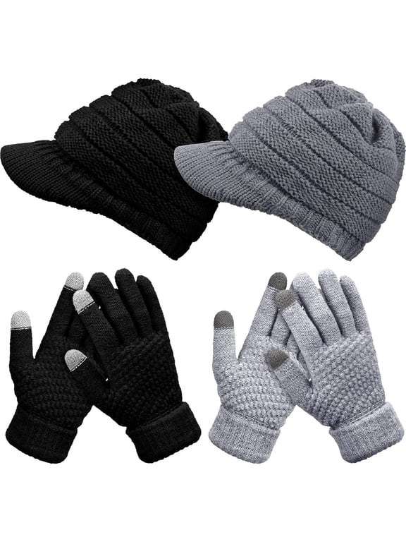 2 Sets Winter Hats Gloves for Women Knit Beanie Slouchy Cap Women Winter Brim Hat & Women Touchscreen Gloves