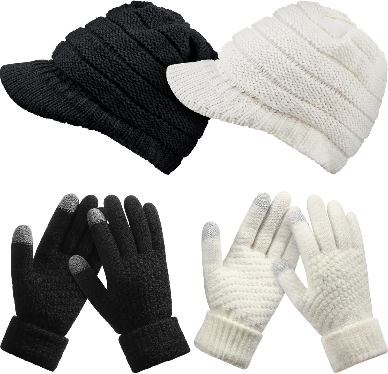 2 Sets Winter Hats & Gloves For Women – Knit Slouchy Beanie With Brim & Touchscreen Gloves, Beige & Gray Combo