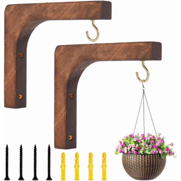 2 Sets Wood Plant Hooks Wooden Plants Hanger 38.5x8.5mm Hanging Plant Holder L-Shaped Indoor and Outdoor Brackets Plants Hanger Wood Hook for Planters Lanterns Bird Feeders Brown