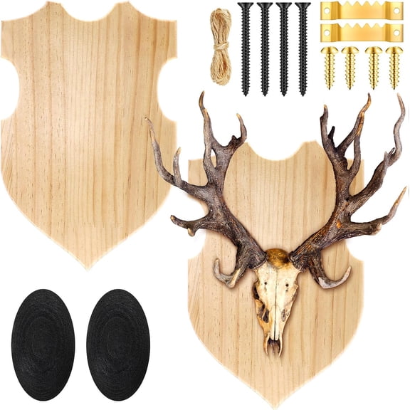 2 Sets Wooden Deer Antler Mounting Kit Deer Mount Plaque Antler Display Kit Skull Mounting Set with Expanded Polyethylene Foam Hemp Rope Hooks Screws and Glue Point Dots