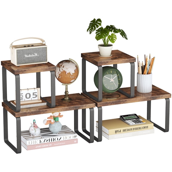 2 Sets Wooden Desktop Organizer Shelf, 2-Tier Adjustable Freestanding Bookshelf Desk Shelf, Stackable Desk Organizer for Office, Dorm, Bedroom, Space Saving, Easy Assembly, Rustic Brown (2 Pack)