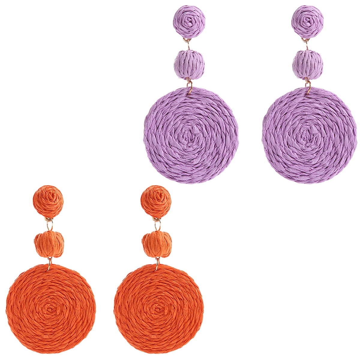 2 Sets of Colorful Raffia Ball Earrings for Women Stylish Round Drop
