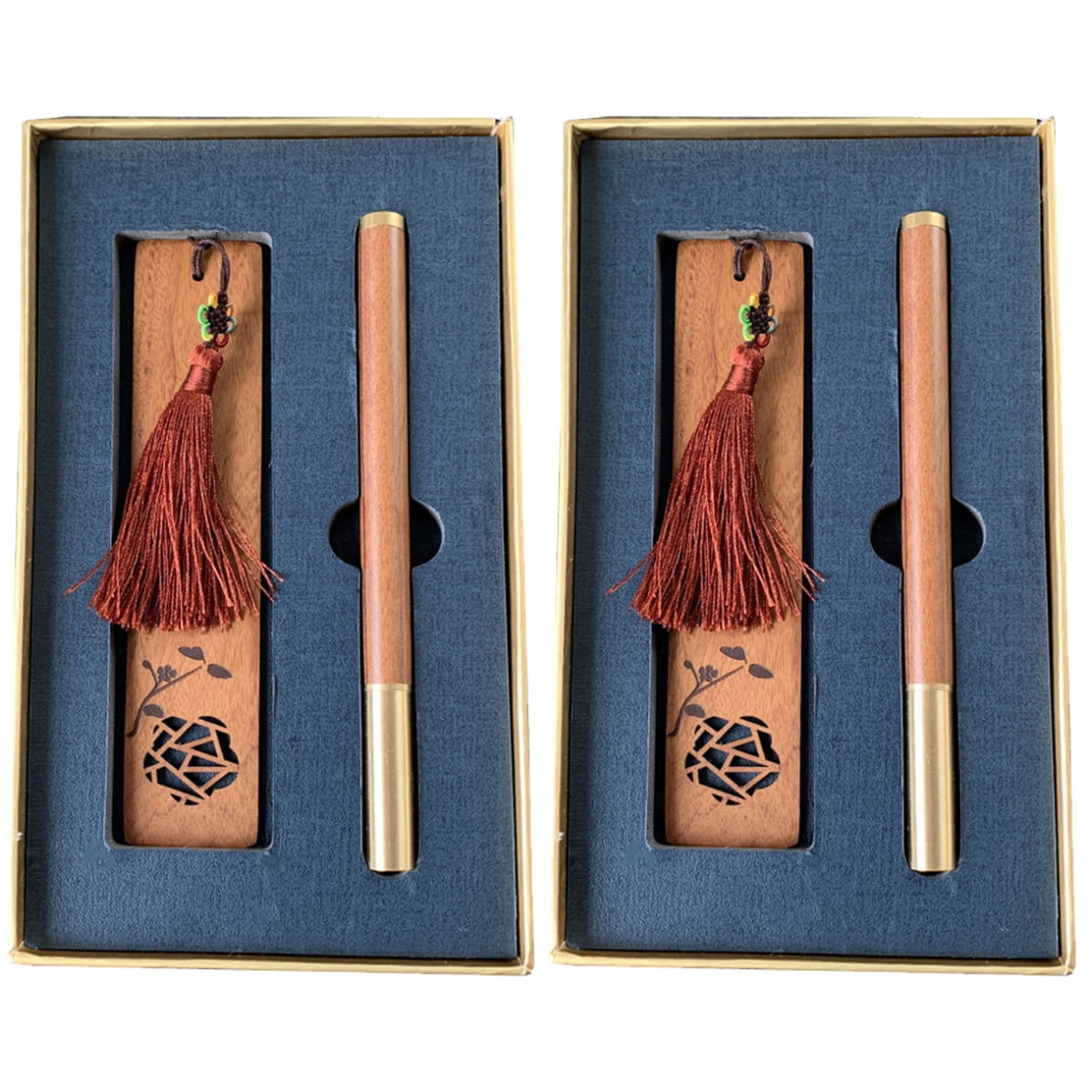 2 Sets of Graduation Gift Kit Wooden Bookmark Sign Pen Souvenir Chinese Style Bookmark Brown