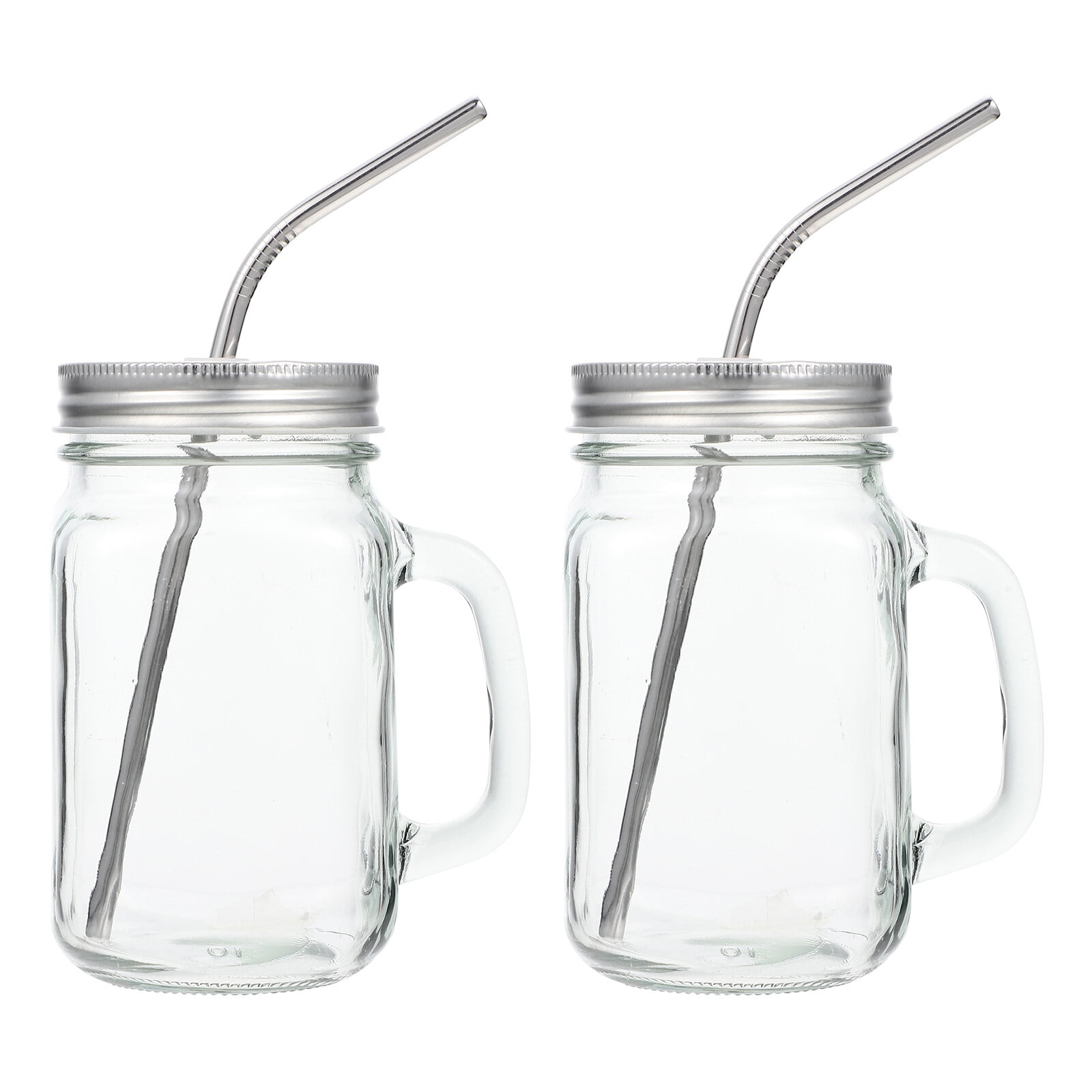 2 Sets of Mason Jars with Lid and Straw Transparent Glass Cups Large