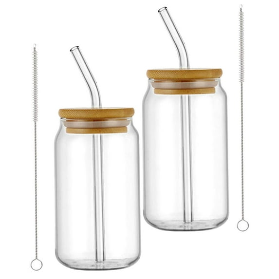 GOOHOCHY 2 Sets of Glass Coffee Cups Glass Can Cup Glass Cups With Bamboo Lids and Straws