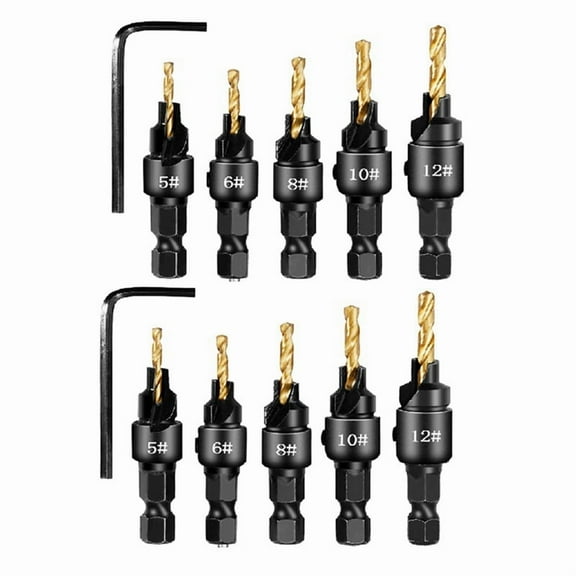 2 Setsx5pcs Countersunk Drill Hexagonal Handle Steel Hole Opener Set Wood Taper Hole Integrated Drill Bit Gold