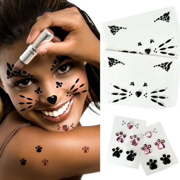 2-Sheet Black Cat Face Jewels and 2-Sheet Rhinestone Leapord Print Gems Stick on
