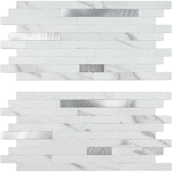 2-Sheet Faux Stone Peel and Stick Backsplash, Slate White 3D Realistic Marble Look PVC with Metal Wall Tiles Stick on Backsplash for Kitchen Bathroom (Sample)