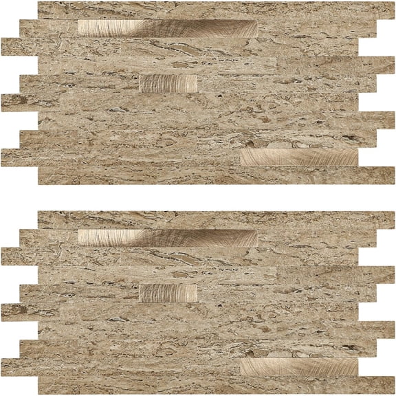 2-Sheet Faux Stone Peel and Stick Stone Backsplash, Dark Beige with Metal PVC Wall Tiles Stick on Backsplash for Kitchen Bathroom (Sample)
