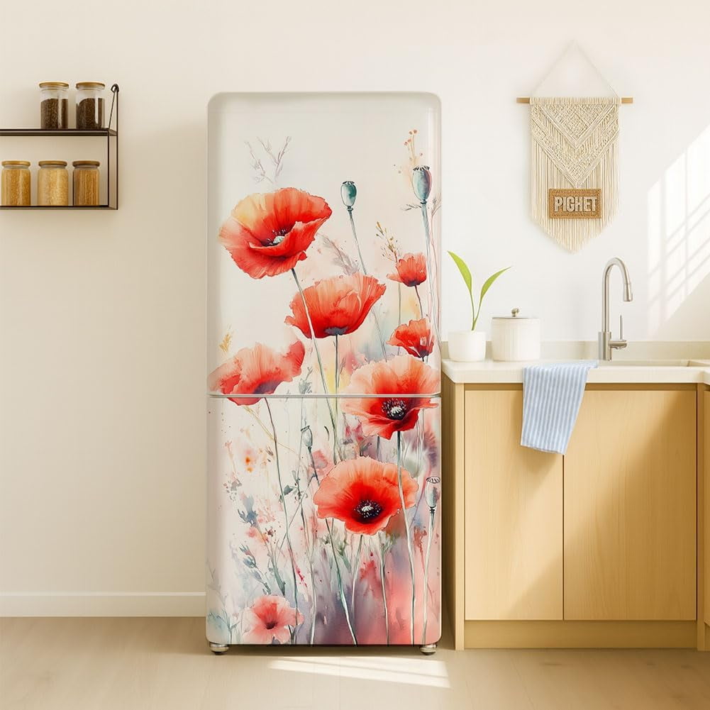 2 Sheet Flower Removable Refrigerator Wraps Self-Adhesive Fridge Stickers Peel and Stick Vinyl Fridge Decals Sticker for Living Room Multi-color