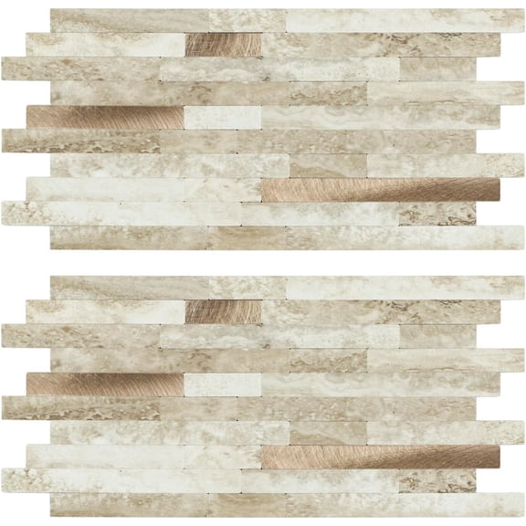 2-Sheet Peel and Stick Backsplash Stone Tile -5.82"×11.4" Self Adhesive Golden Oasis Matte PVC Linear Mosaic Wall Tile for Kitchen, Bathroom (Sample)
