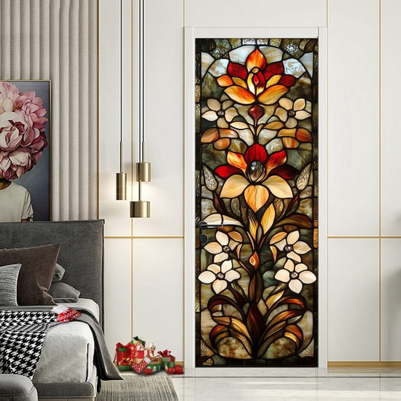 2 Sheet Self-Adhesive Door Sticker, 30.3"x78.7", Floral Peel and Stick Door Murals, PVC, Removable Wallpaper Cover Decoration for Bedrooms, Living Room