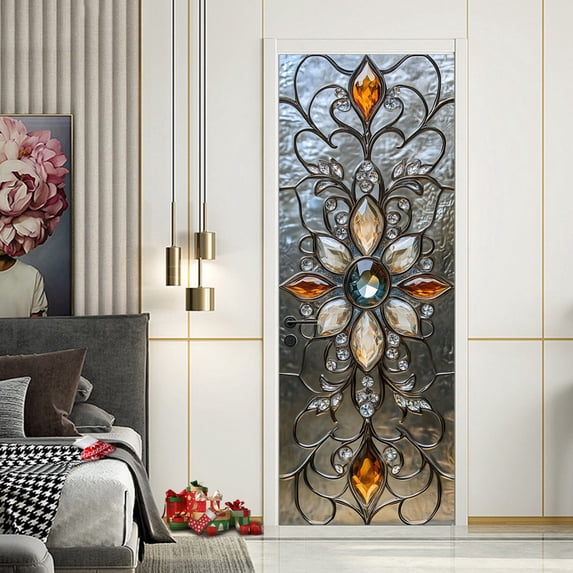 2 Sheet Self-Adhesive Door Sticker, 30.3"x78.7", Floral Peel and Stick Door Murals, PVC, Removable Wallpaper Cover Decoration for Bedrooms, Living Room