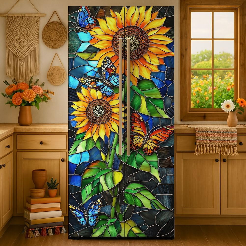 2 Sheet Sunflower Removable Refrigerator Wraps Self-Adhesive Fridge Stickers Peel and Stick Vinyl Fridge Decals Sticker