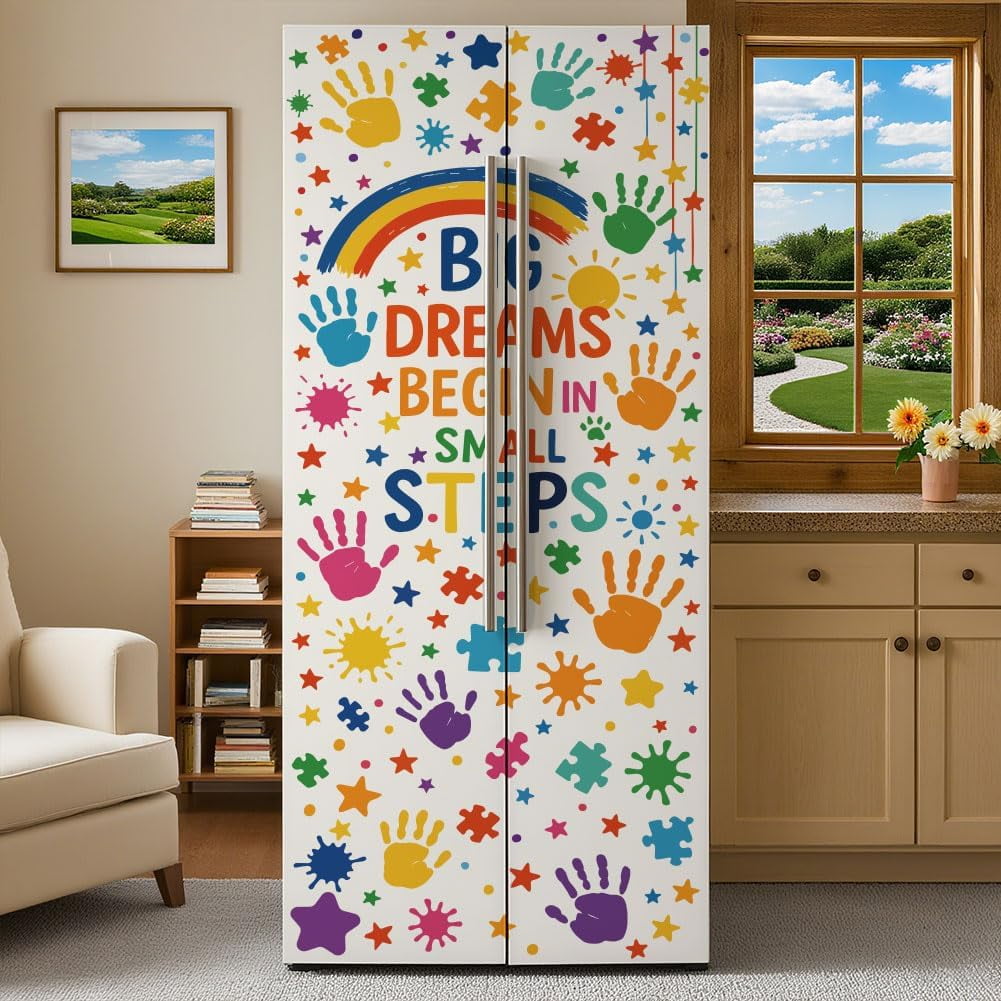 2 Sheet Watercolor Palm Print Removable Refrigerator Wraps Self-Adhesive Fridge Stickers Peel and Stick Vinyl Fridge Decals Sticker