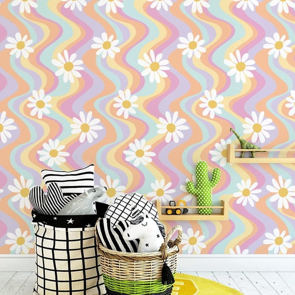 2 Sheets of 17x39inch Large Flower Wallpaper, Removable DIY Peel and Stick Boho Sunflower, Rainbow, Strawberry Wall Decor Stickers for Home Walls Kids Nursery Bedroom Wall Decoration (Rainbow)
