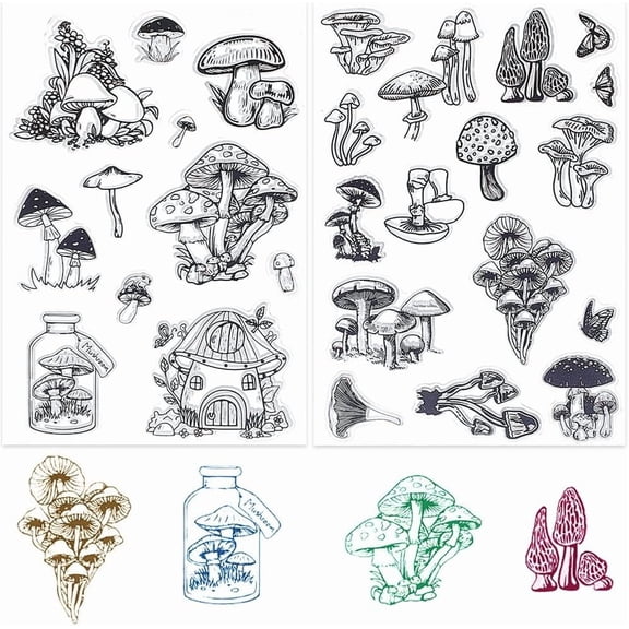 2 Sheets 2 Styles Custom PVC Plastic Clear Stamps for DIY Scrapbooking Photo Album Decorative Cards Making Stamp Sheets Film Frame Mushroom 160x110x3mm 1 sheet/style