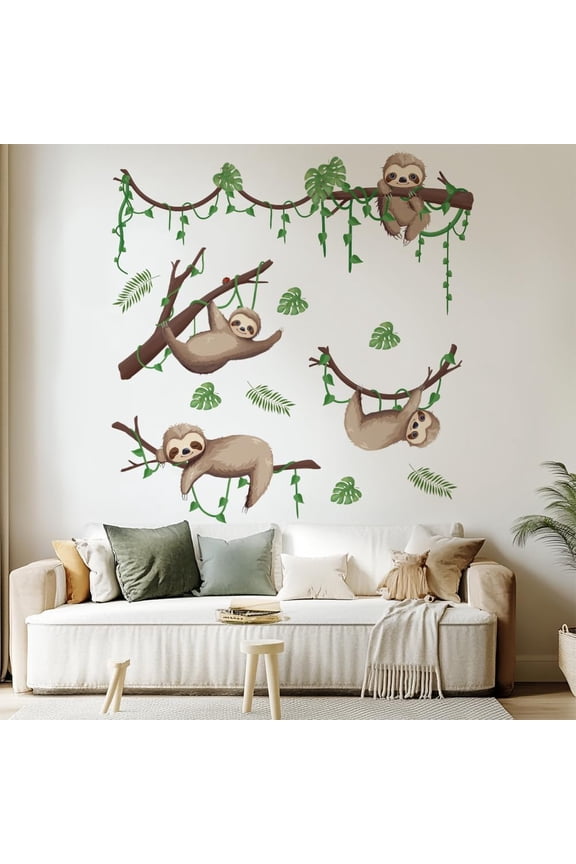 2 Sheets 2 Styles Funny Sloth Wall Stickers Sloth on Branch Stickers Decor Animal Removable Peel and Stick Wall Stickers for Nursery Playroom Room Bedroom Classroom 118x39cm