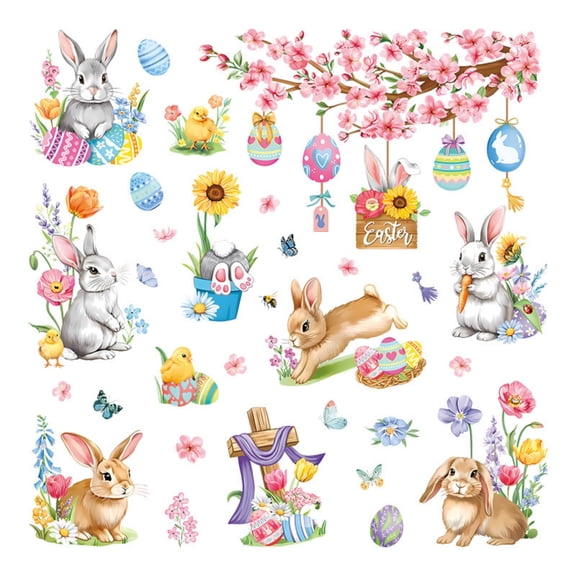 2 Sheets 35 pcs Large Easter Wall Decals Easter Wall Stickers Bunny Eggs Branches Spring Rabbit Flower Butterfly Carrot Window Clings for Wall Home Living Room Kitchen Decor