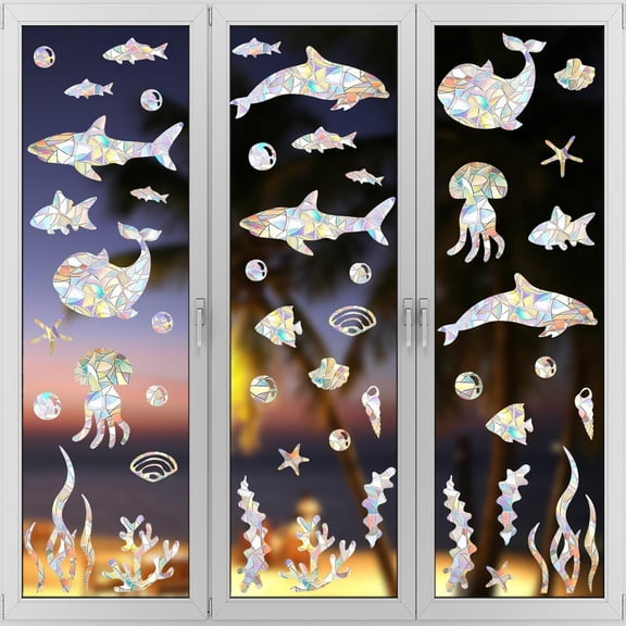 2 Sheets/48Pcs Rainbow Summer Window Clings for Glass Window Decals to Prevent Bird Strikes, Ocean Theme Animals Window Stickers