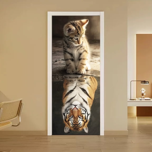 2 Sheets Animal Theme Self-Adhesive Door Sticker 80cmx200cm/31.5x78.7inch Cat Tiger Water Reflection Door Murals Stickers PVC Removable Wallpaper