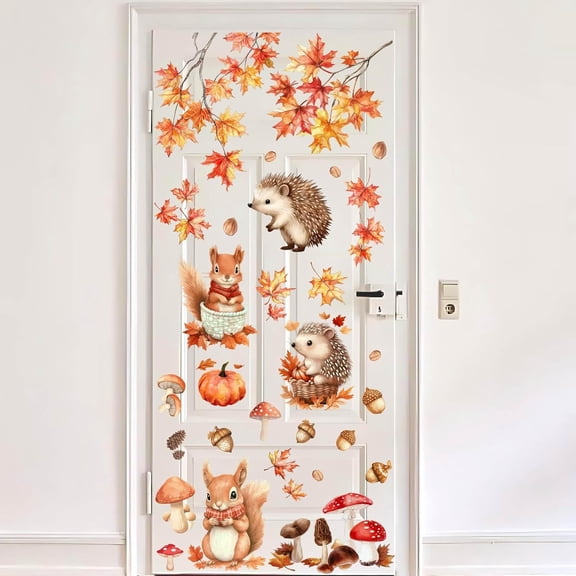 2 Sheets Autumn Window Cling Fall Window Stickers Autumn Door Sticker Leaves Hedgehog Mushroom Pinecone Squirrel PVC Waterproof Self Adhesive Decor