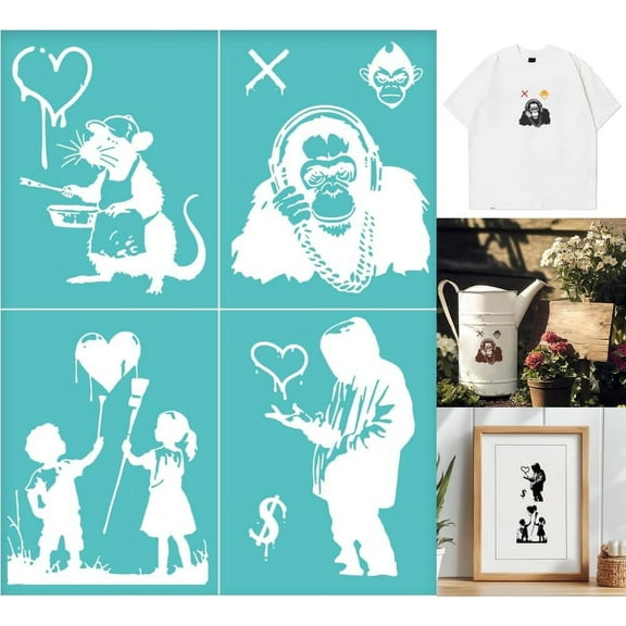 2 Sheets Banksy Stencil Screen Printing Reusable Self-Adhesive Silk Screen Stencil Banksy Man Pattern Mesh Transfers Stencil