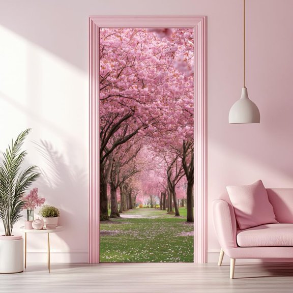 2 Sheets Cherry Blossoms Self-Adhesive Door Sticker 80cmx200cm/31.5x78.7inch Pink Flowers Grass Door Murals Stickers PVC Removable Wallpaper Decoration for Bedrooms Living Room Colorful