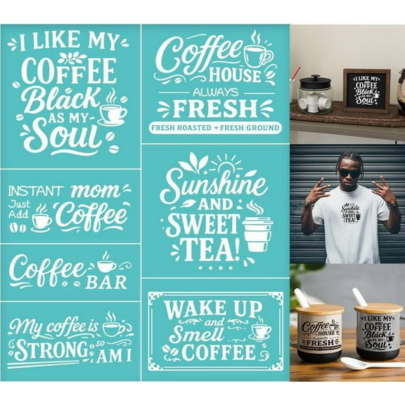 2 Sheets Coffee Slogan Silkscreen Stencil Farmhouse Kitchen Reusable Mesh Stencil Self-Adhesive Silk Screen Printing