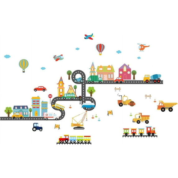 2 Sheets Construction Transportation Wall Decals City Vehicles Wall Decal with Car Truck Airplane Construction Room Wall Stickers for Baby Nursery Playroom Living Room