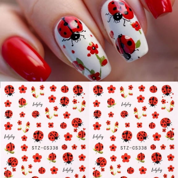 2 Sheets Cute Ladybug Nail Art Stickers - Self-Adhesive Floral and Animal Print Decals for Creative Nail Designs