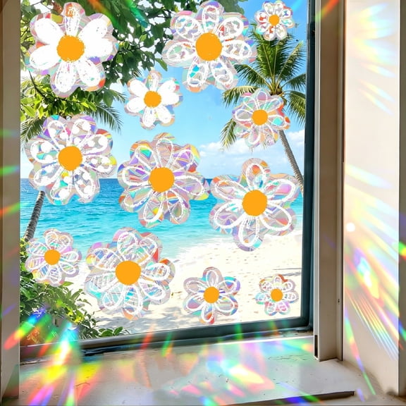 2 Sheets Daisy Static Window Clings, Non‑Adhesive Reusable Transparent Rainbow Window Decals, Anti‑Bird Strike Glass Stickers for Home Decor