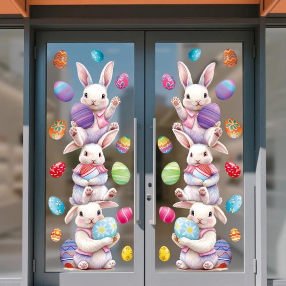 2 Sheets Easter Bunny Window Clings Cartoon Egg & Flower Stickers, PVC Reusable Static Clings for Window, Wall, Door, Easter Decor for Home Classroom Nursery Shop