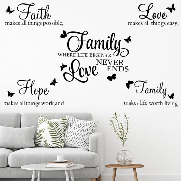 2 Sheets Family Vinyl Wall Decor Stickers, Faith Makes All Things Possible, Family Scripture Quote Wall Decals, Inspirational Quote Sayings Butterfly Art Decals Stickers(Black)